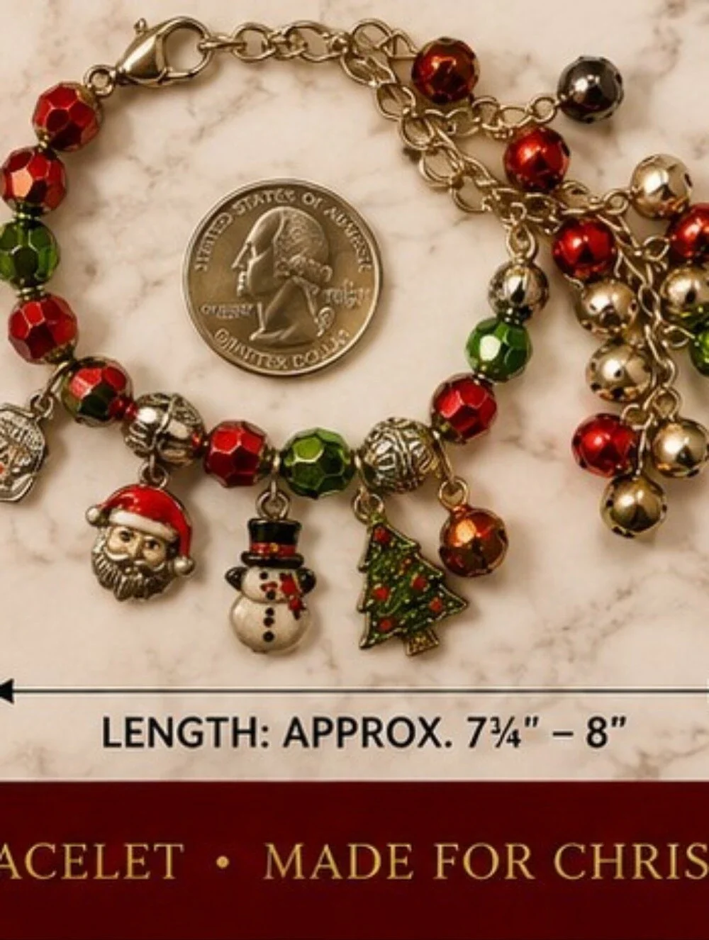 Vintage Christmas Charm Bracelet Santa Snowman Tree Jingle Bells Red Green